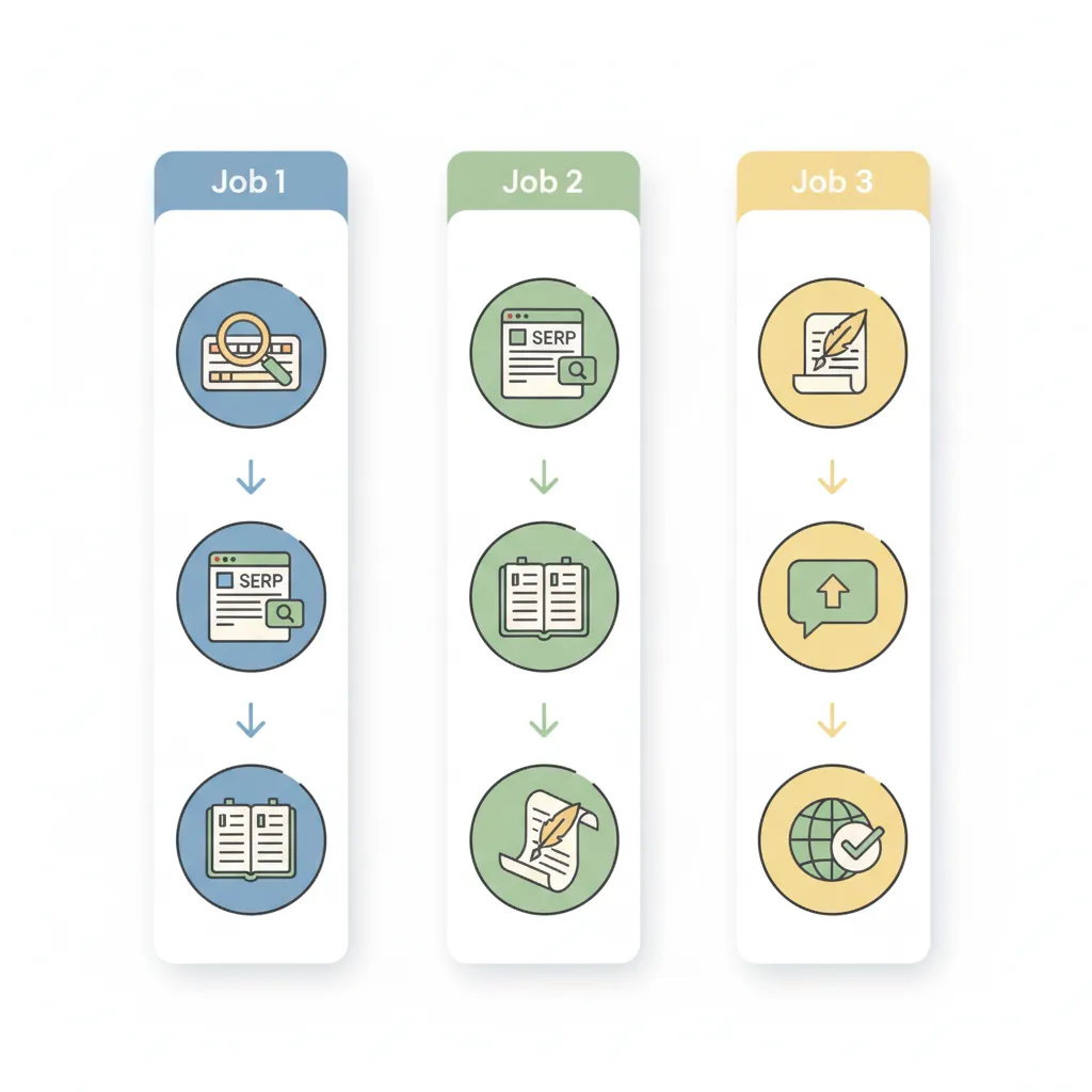 Three-step workflow for AI SEO writing: topic research, brief generation, and draft production