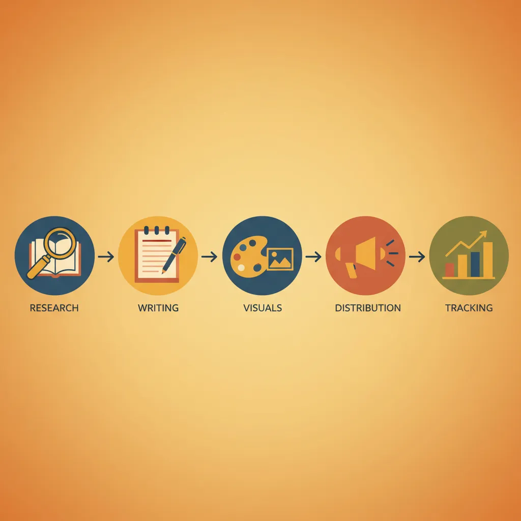 Five content creation workflow stages flowing from research through writing, visuals, scheduling, and performance tracking