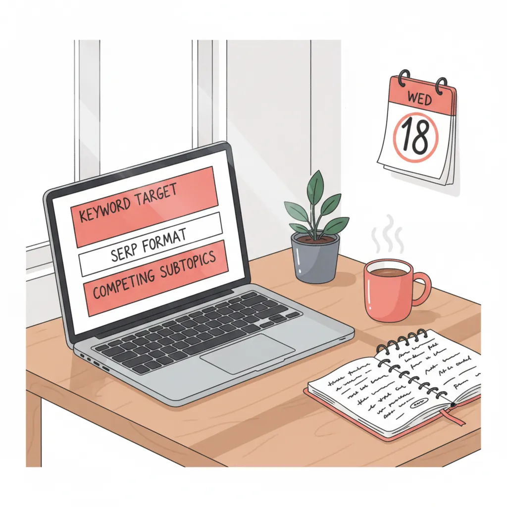 Content brief template on laptop showing keyword targeting, SERP format analysis, and subtopic research before any rewriting begins