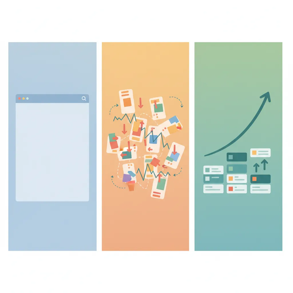 Three content stages: zero posts, inconsistent rankings, and stabilized growth tracked across site maturity